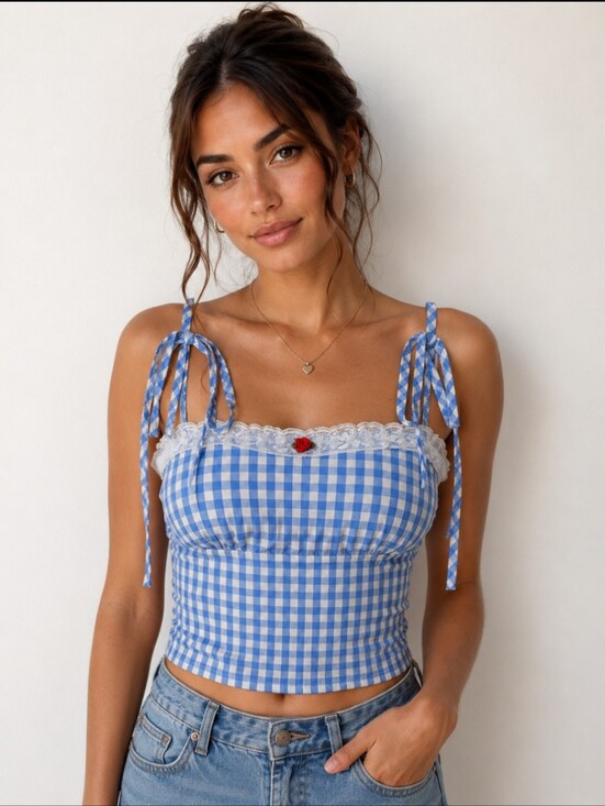Tops - Y2K Blue Gingham Lace Trim Tie Strap Cami Top Rose Detail Size S Cottagecore